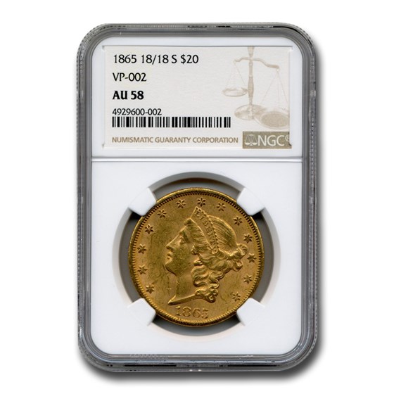 1865 18/18-S $20 Liberty Gold Double Eagle AU-58 NGC (VP-002) 1865 18/18-S $20 Liberty Gold Double Eagle AU-58 NGC (VP-002)