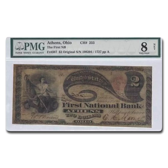 1865 $2.00 "Lazy Deuce" Athens, OH VG-8 PMG Net (Fr#387) CH#233 1865 $2.00 "Lazy Deuce" Athens, OH VG-8 PMG Net (Fr#387) CH#233