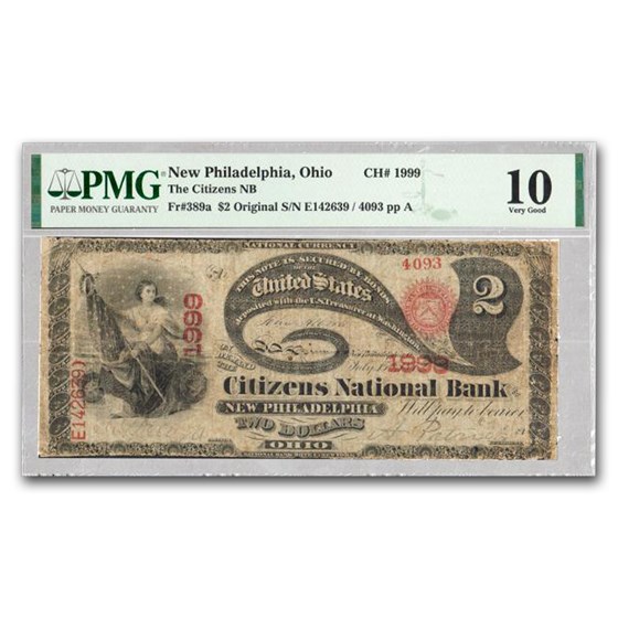 1865 $2.00 New Philadelphia, OH VG-10 PMG (Fr#389A) CH#1999 1865 $2.00 New Philadelphia, OH VG-10 PMG (Fr#389A) CH#1999