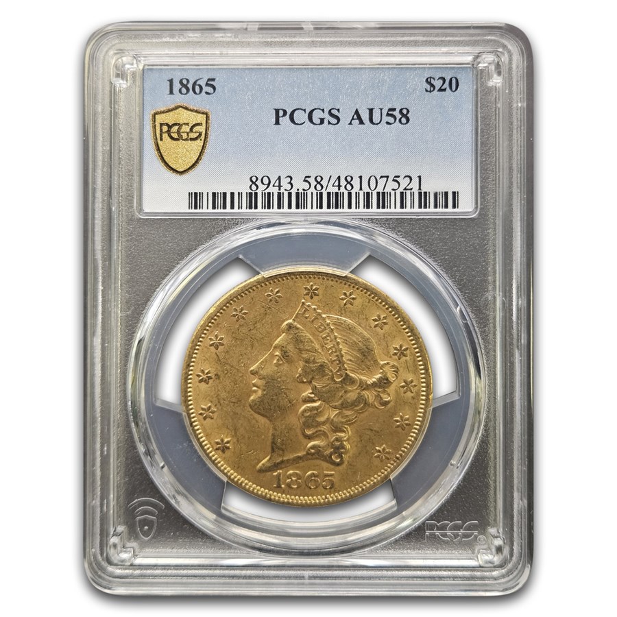 1865 $20 Liberty Gold Double Eagle AU-58 PCGS
