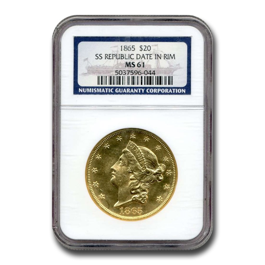 1865 $20 Liberty Gold Double Eagle MS-61 NGC (SS Republic Dt Rim)