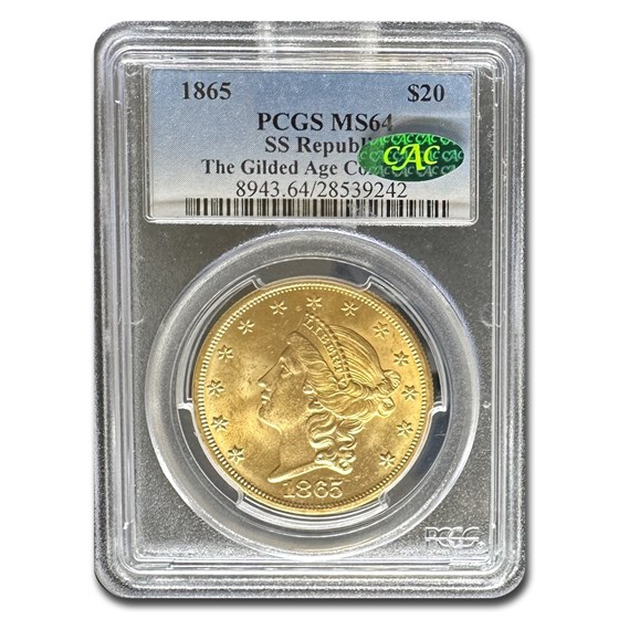 1865 $20 Liberty Gold Double Eagle MS-64 PCGS CAC (SS Republic)