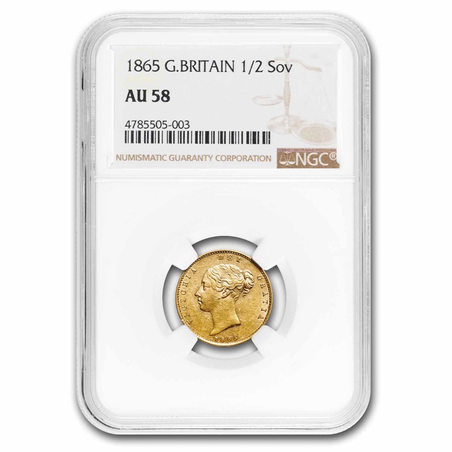 1865 Great Britain Gold 1/2 Sovereign Victoria Shield AU-58 NGC