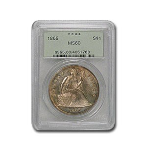 1865 Liberty Seated Dollar MS-60 PCGS (Old Green Label) 1865 Liberty Seated Dollar MS-60 PCGS (Old Green Label)