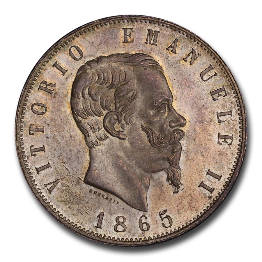 1865-N Italy Silver 5 Lire Emanuele II MS-64 PCGS