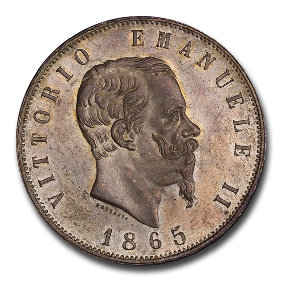 1865-N Italy Silver 5 Lire Emanuele II MS-64 PCGS 1865-N Italy Silver 5 Lire Emanuele II MS-64 PCGS