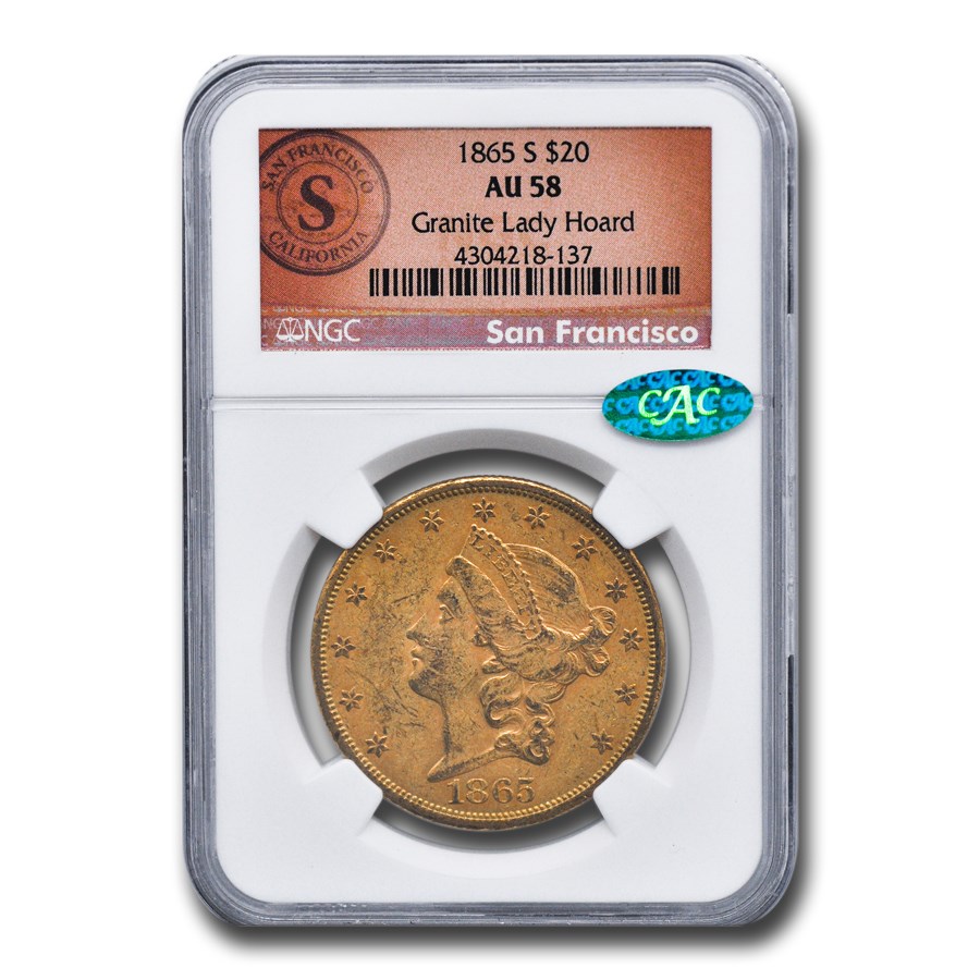 1865-S $20 Liberty Gold Double Eagle AU-58 NGC CAC