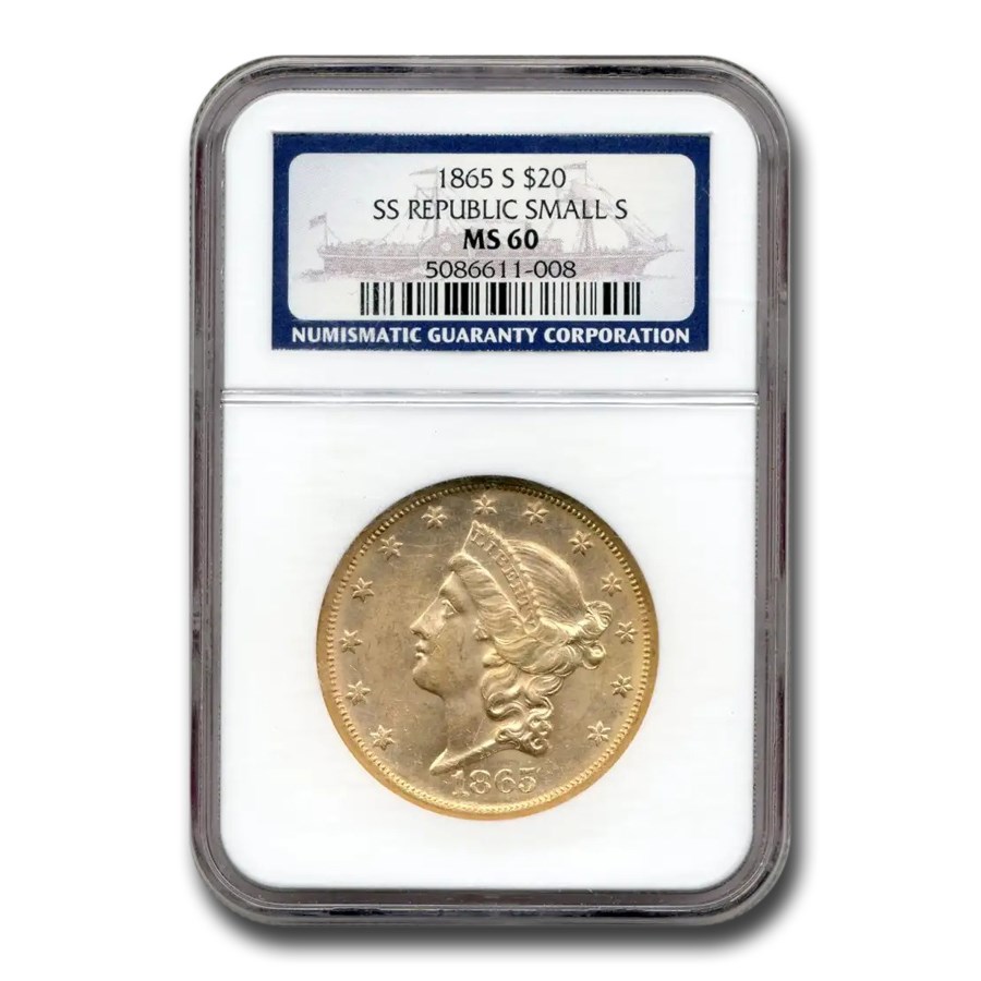 1865-S $20 Liberty Gold Double Eagle MS-60 NGC (SS Republic Sm S)