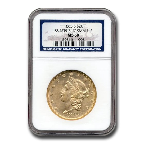 1865-S $20 Liberty Gold Double Eagle MS-60 NGC (SS Republic Sm S) 1865-S $20 Liberty Gold Double Eagle MS-60 NGC (SS Republic Sm S)