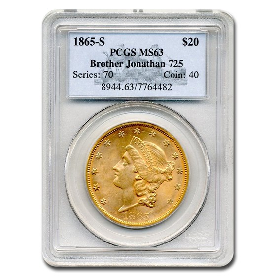 1865-S $20 Liberty Gold Double Eagle MS-63 PCGS (Bro Jonathon) 1865-S $20 Liberty Gold Double Eagle MS-63 PCGS (Bro Jonathon)