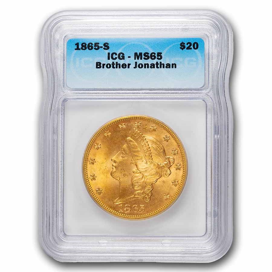 1865-S $20 Liberty Gold Double Eagle MS-65 ICG (Brother Jonathan)