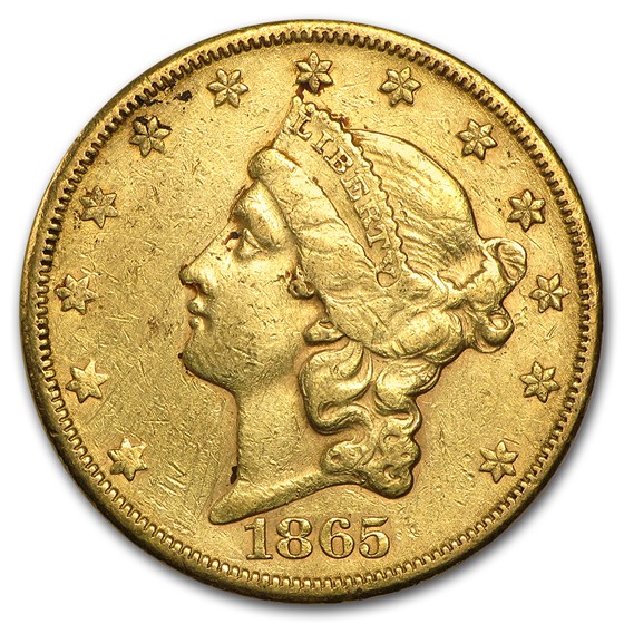 1865-S $20 Liberty Gold Double Eagle XF Details (Cleaned)