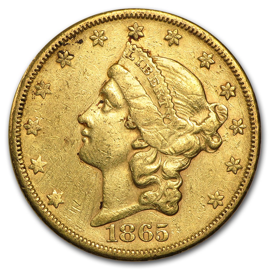 1865-S $20 Liberty Gold Double Eagle XF Details (Cleaned)
