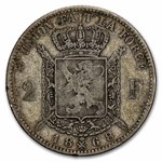 1866-1868 Belgium Silver 2 Francs Avg Circ