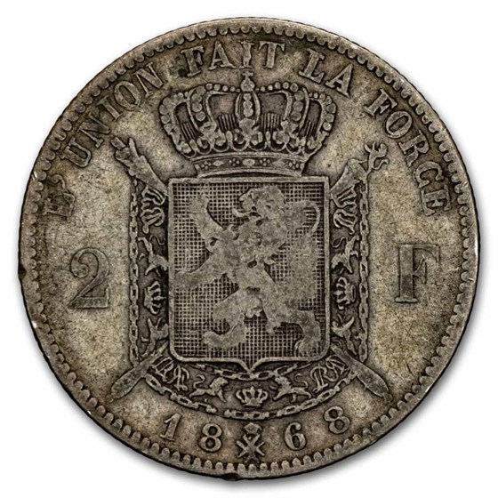 1866-1868 Belgium Silver 2 Francs Avg Circ