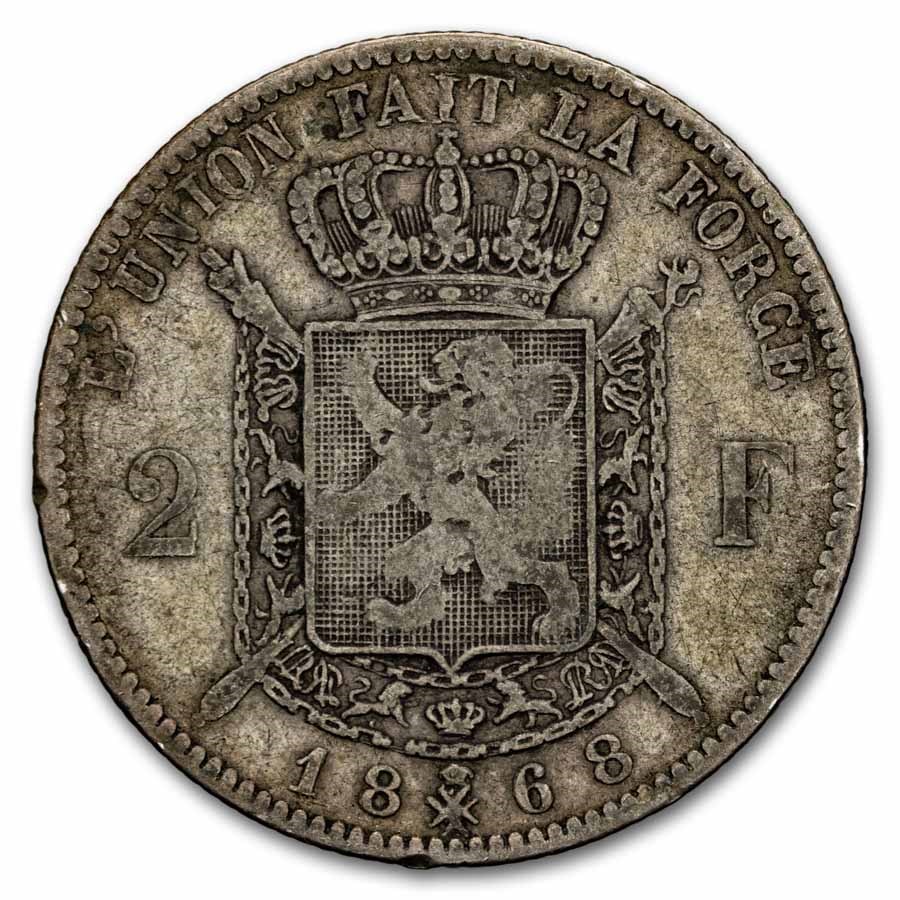 1866-1868 Belgium Silver 2 Francs Avg Circ