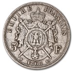 1866-1870 France Silver 5 Francs Napoleon III Avg Circ
