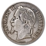 1866-1870 France Silver 5 Francs Napoleon III Avg Circ
