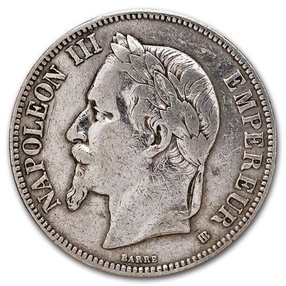 1866-1870 France Silver 5 Francs Napoleon III Avg Circ 1866-1870 France Silver 5 Francs Napoleon III Avg Circ