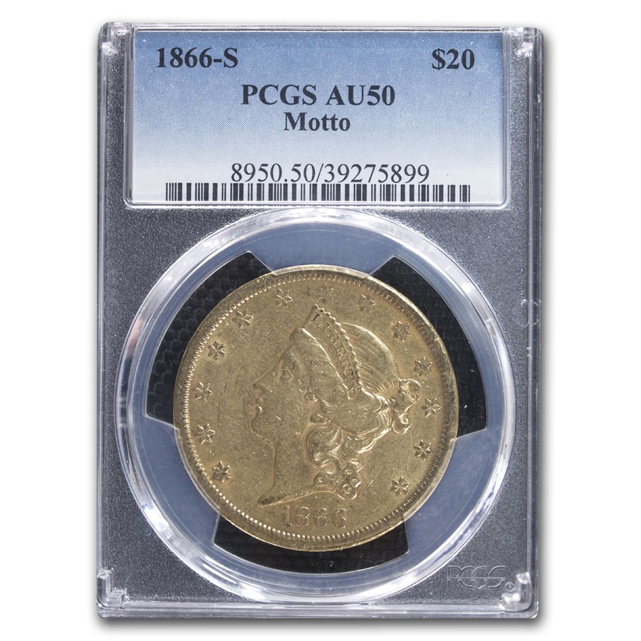 1866 $20 Liberty Gold Double Eagle AU-50 PCGS (w/Motto)