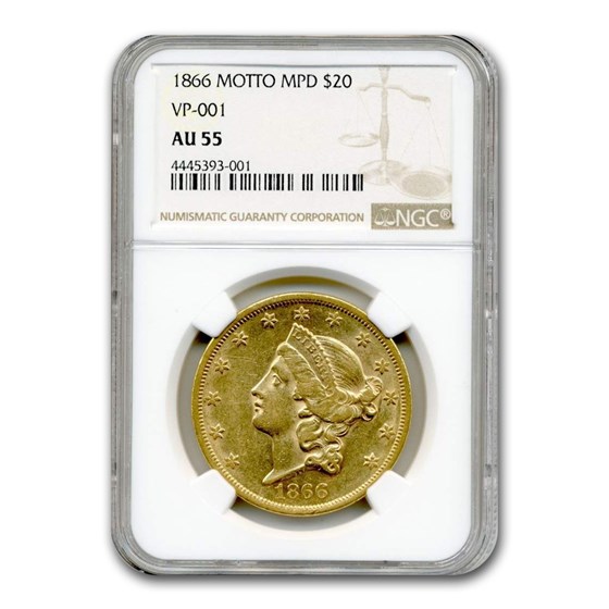1866 $20 Liberty Gold Double Eagle AU-55 NGC (w/Motto) 1866 $20 Liberty Gold Double Eagle AU-55 NGC (w/Motto)