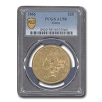 1866 $20 Liberty Gold Double Eagle AU-58 PCGS (w/Motto)