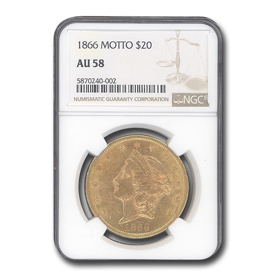 1866 $20 Liberty Gold Double Eagle w/Motto AU-58 NGC 1866 $20 Liberty Gold Double Eagle w/Motto AU-58 NGC