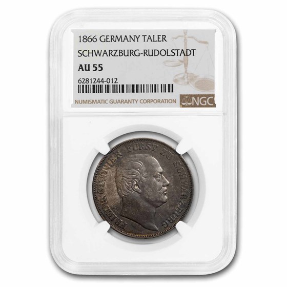 1866-A Germany Schwarzburg Rudolstadt Silver Taler AU-55 NGC 1866-A Germany Schwarzburg Rudolstadt Silver Taler AU-55 NGC