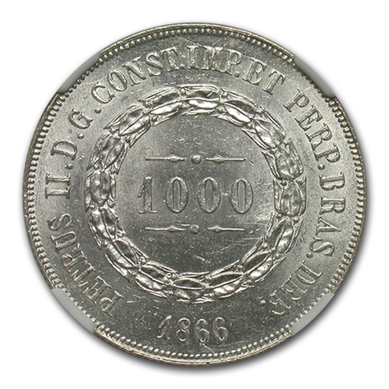 1866 Brazil Silver 1000 Reis Pedro II MS-64 NGC 1866 Brazil Silver 1000 Reis Pedro II MS-64 NGC