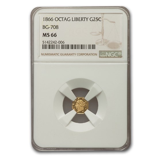 1866 Liberty Octagonal 25 Cent Gold MS-66 NGC (BG-708) 1866 Liberty Octagonal 25 Cent Gold MS-66 NGC (BG-708)