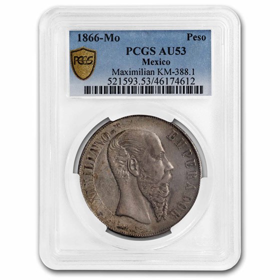 1866 Mo Mexico 1 Peso AU-53 PCGS (Maximilian Empire) 1866 Mo Mexico 1 Peso AU-53 PCGS (Maximilian Empire)