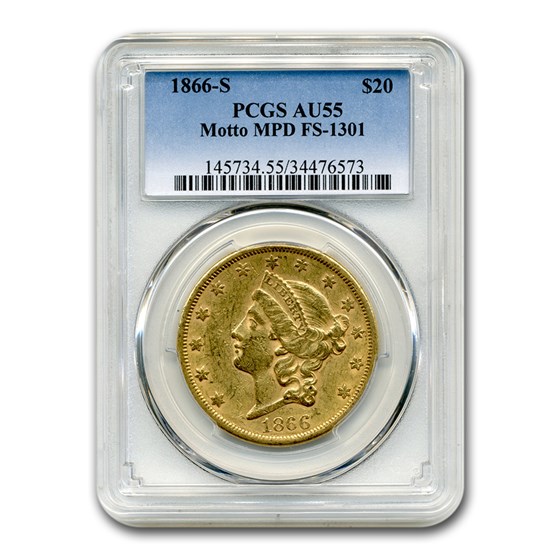 1866-S $20 Liberty Gold Double Eagle AU-55 PCGS (Motto MPD) 1866-S $20 Liberty Gold Double Eagle AU-55 PCGS (Motto MPD)