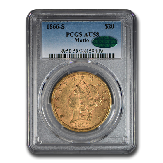 1866-S $20 Liberty Gold Double Eagle AU-58 PCGS CAC (w/Motto) 1866-S $20 Liberty Gold Double Eagle AU-58 PCGS CAC (w/Motto)