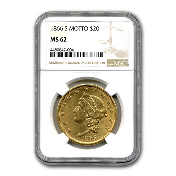 1866-S $20 Liberty Gold Double Eagle MS-62 NGC (Motto) 1866-S $20 Liberty Gold Double Eagle MS-62 NGC (Motto)