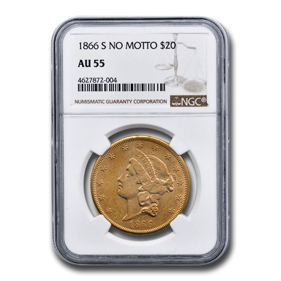 1866-S $20 Liberty Gold Double Eagle No Motto AU-55 NGC