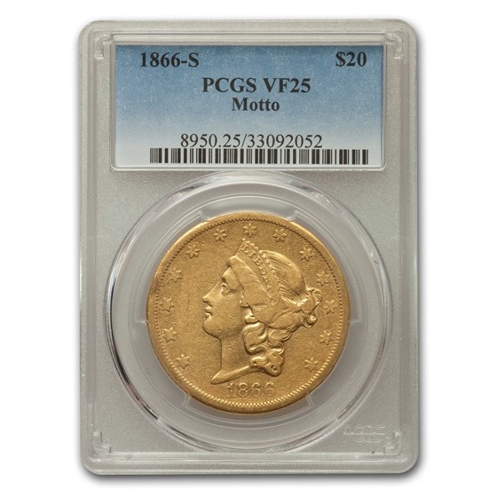 1866-S $20 Liberty Gold Double Eagle VF-25 PCGS (Motto) 1866-S $20 Liberty Gold Double Eagle VF-25 PCGS (Motto)
