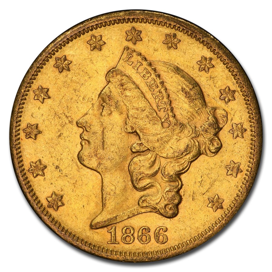 1866-S $20 Liberty Gold Double Eagle w/Motto AU-58 PCGS