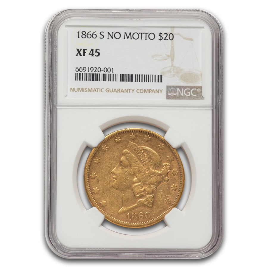 1866-S $20 Liberty Gold Double Eagle XF-45 NGC (No Motto)