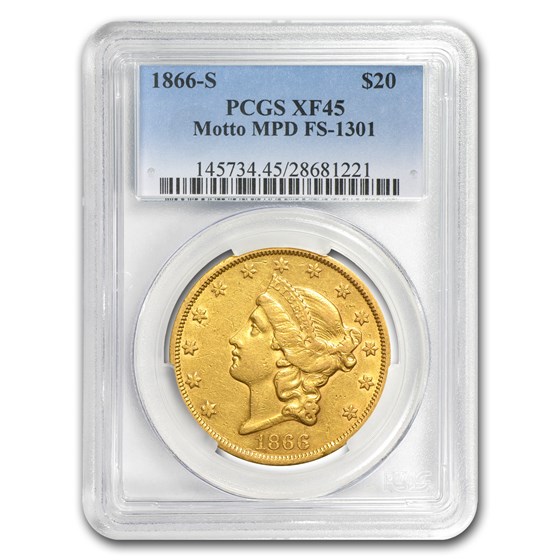 1866-S $20 Liberty Gold Double Eagle XF-45 PCGS (w/Motto, MPD) 1866-S $20 Liberty Gold Double Eagle XF-45 PCGS (w/Motto, MPD)