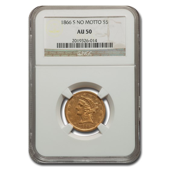 1866-S $5 Liberty Gold Half Eagle AU-50 NGC (No Motto) 1866-S $5 Liberty Gold Half Eagle AU-50 NGC (No Motto)