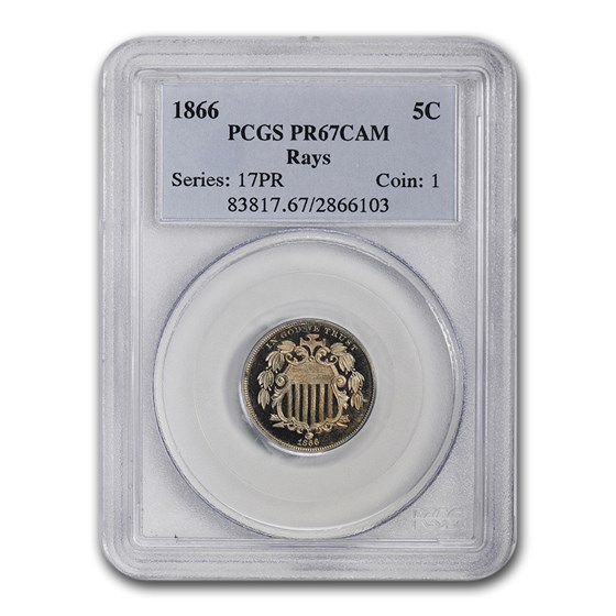 1866 Shield Nickel PR-67 Cameo PCGS (Rays) 1866 Shield Nickel PR-67 Cameo PCGS (Rays)