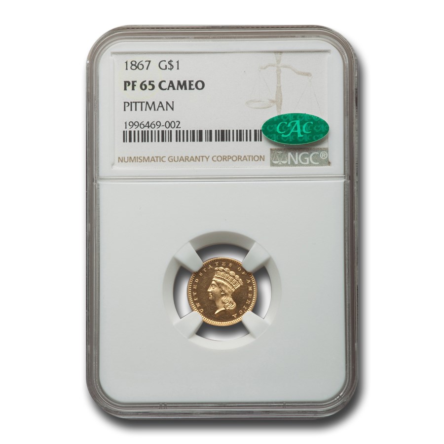 1867 $1 Indian Head Gold PF-65 Cameo NGC CAC