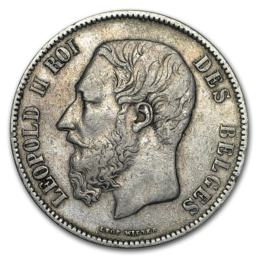 1867-1876 Belgium Silver 5 Francs Avg Circ (Random, ASW .7234)