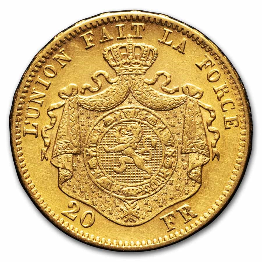 1867-1882 Belgium Gold 20 Francs Leopold II Avg Circ