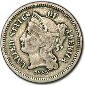 1867 3 Cent Nickel Fine