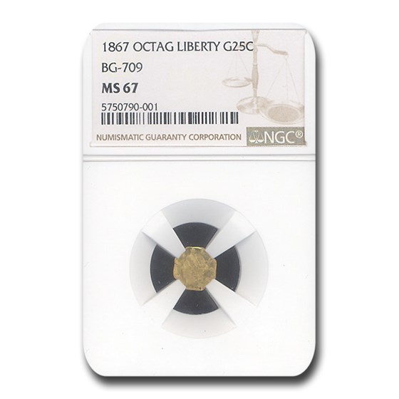 1867 Liberty Octagonal 25 Cent Gold MS-67 NGC (BG-709) 1867 Liberty Octagonal 25 Cent Gold MS-67 NGC (BG-709)