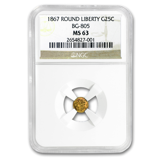 1867 Liberty Round 25 Cent Gold MS-63 NGC (BG-805) 1867 Liberty Round 25 Cent Gold MS-63 NGC (BG-805)