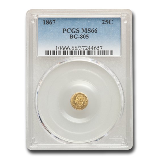 1867 Liberty Round 25 Cent Gold MS-66 PCGS (BG-805) 1867 Liberty Round 25 Cent Gold MS-66 PCGS (BG-805)