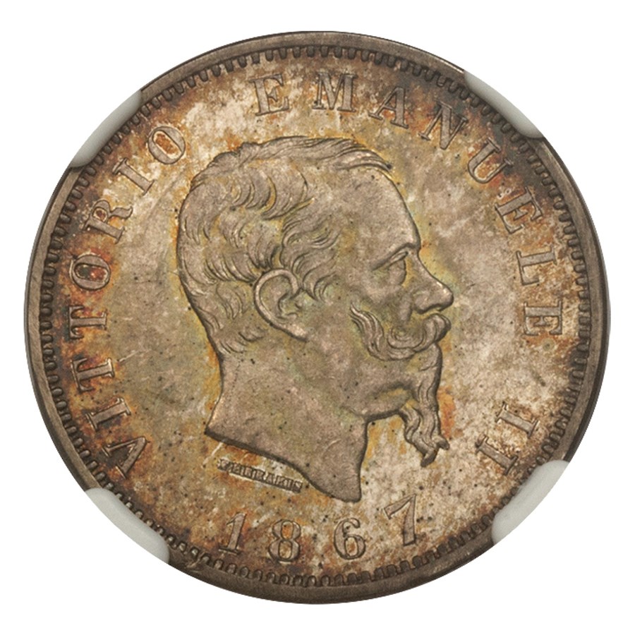1867-M Italy Silver Lira Emanuele II MS-65 NGC