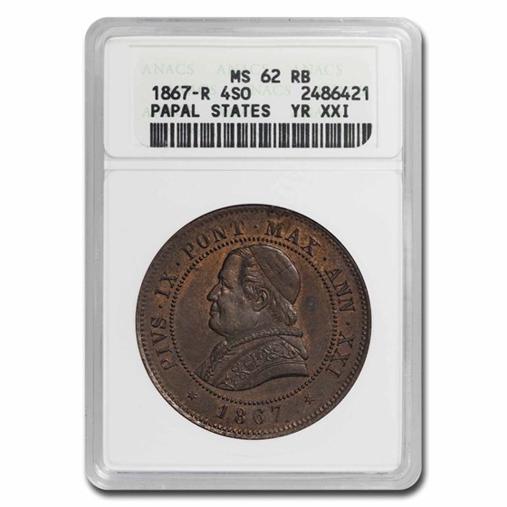 1867-R XXI Papal States 4 Soldi MS-62 ANACS (Red/Brown)